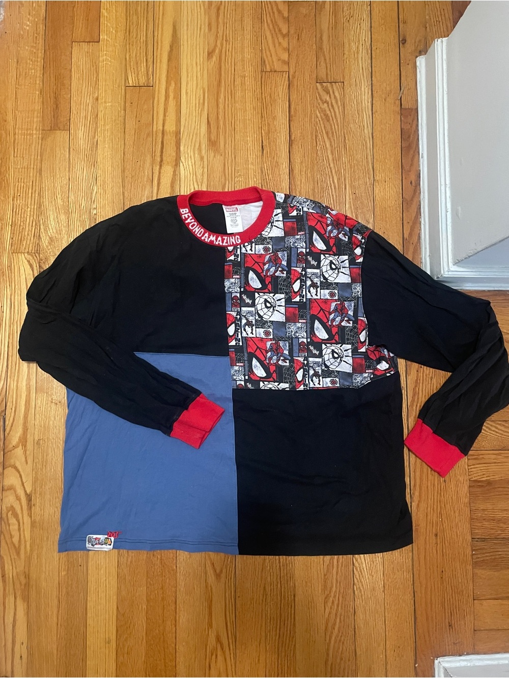 Marvel Men’s Spider-Man Patchwork Graphic Long Sleeve Tee - Black, Red, Blue